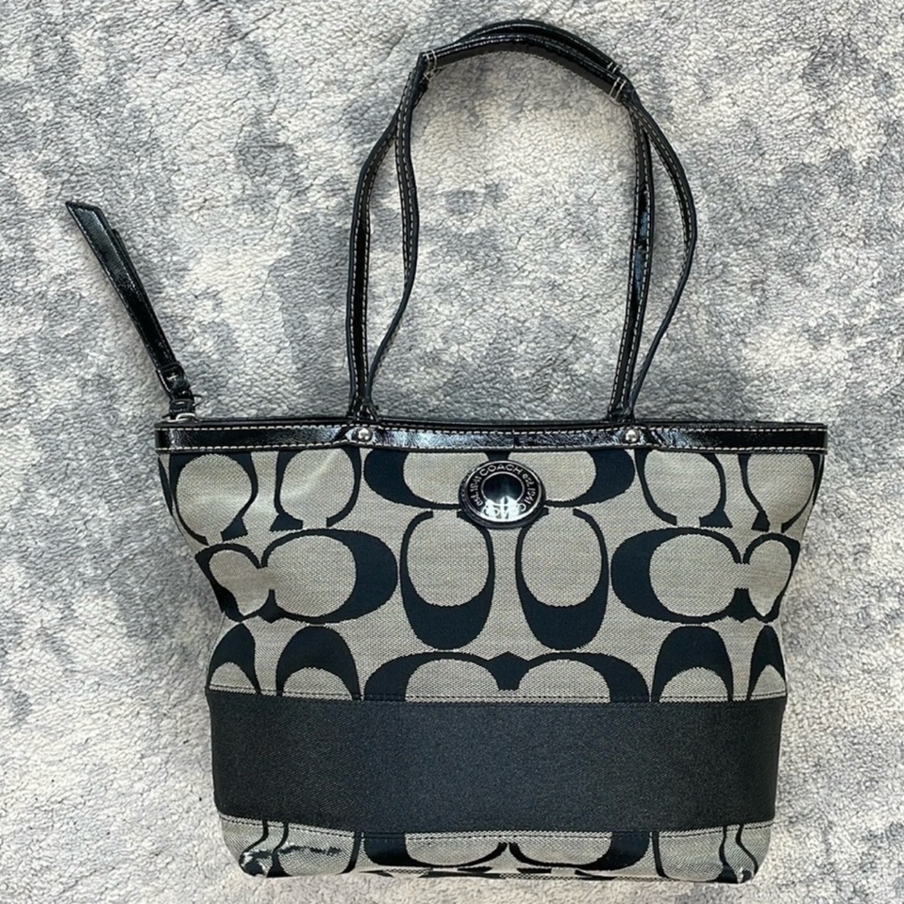 Coach Signature Stripe Zippered Tote Bag Purse Black Gray Shopper F19046